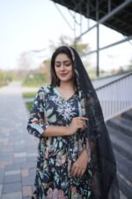 Black Pure Cotton 60×60 Anarkali Set with Kota Doriya Dupatta - Image 3