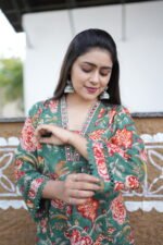 Green Blossom Pure Mul Cotton 100% Hand-Embroidered Alia Pattern Suit - Image 3